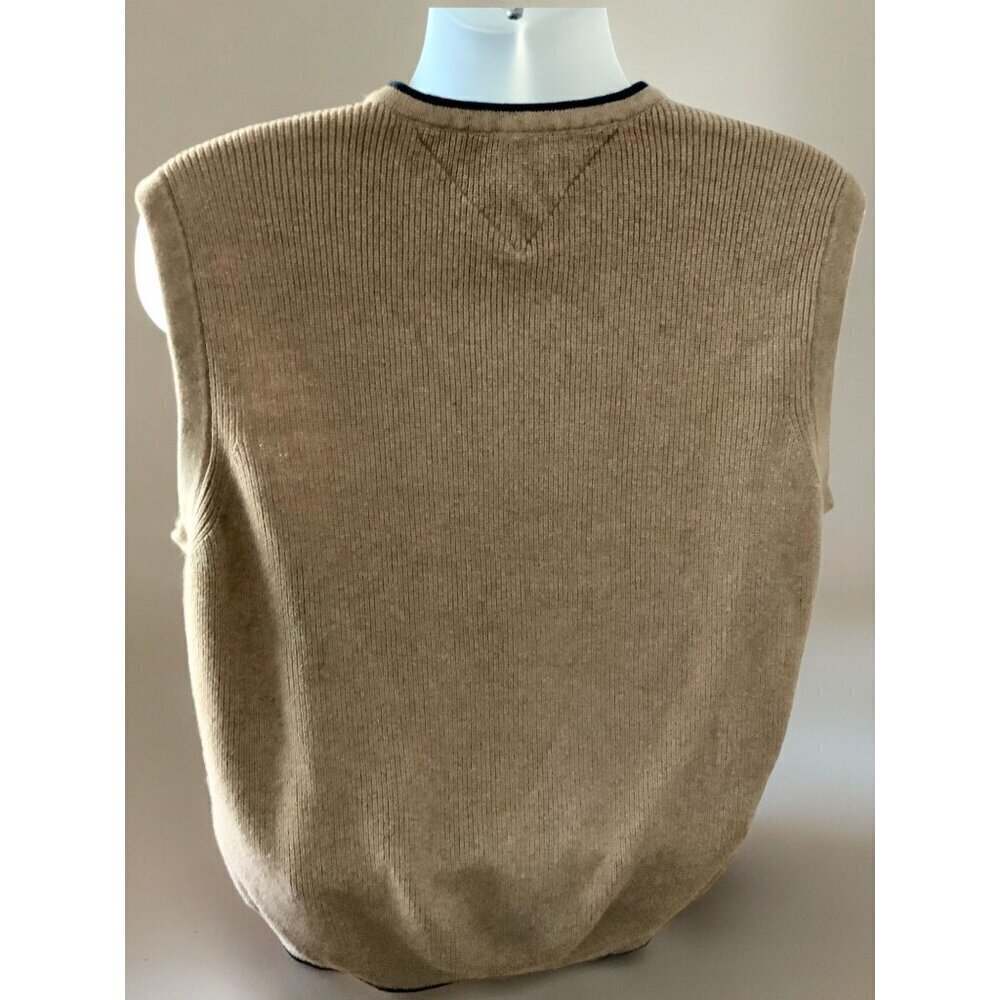 Tommy Hilfiger Sweater Vest Tan Navy Trim Cotton VNeck Casual Rib Knit Mens XL - Picture 5 of 8